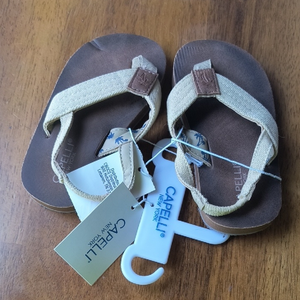 Capelli of New York Kids Beige Canvas Flip Flop Sandals